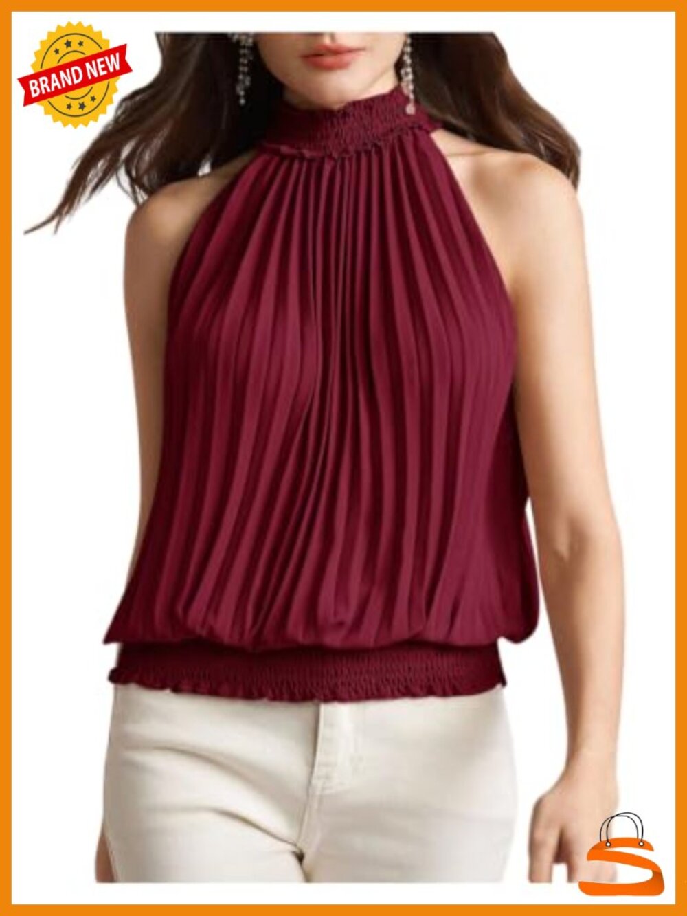 Pleated Halter Blouse Sleeveless Keyhole Back Puffy Top
